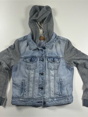 American Eagle Outfitters Light Blue Denim Jacket with Gray Hoodie